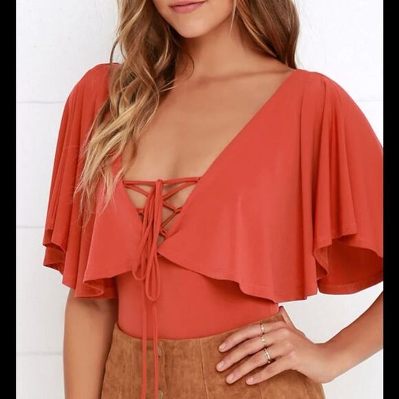 Lulus Rust Orange Lace Up Cape Backless Bodysuit - Picture 5 of 11